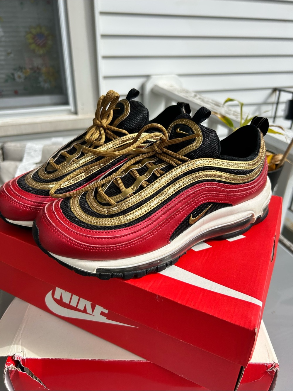 Nike Air Max 97 Red Black Gold Athletic Sneakers